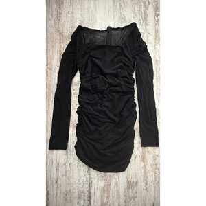 Vintage Retro Y2K Black Ruched Long Sleeve‎ Mini Dress Sheer Mesh Back Large
